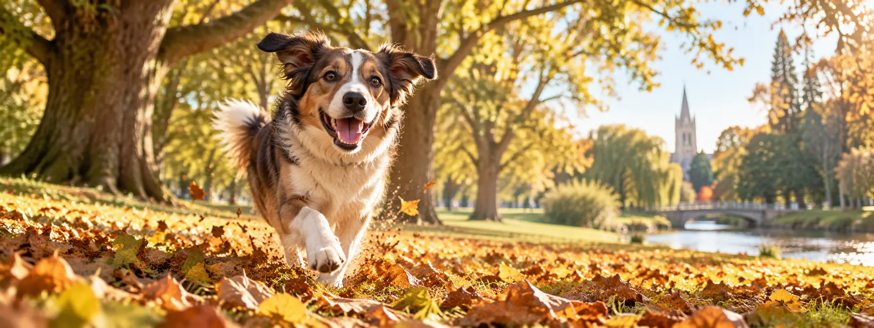 A dog running through autumn leaves in a Christchurch park beside the river