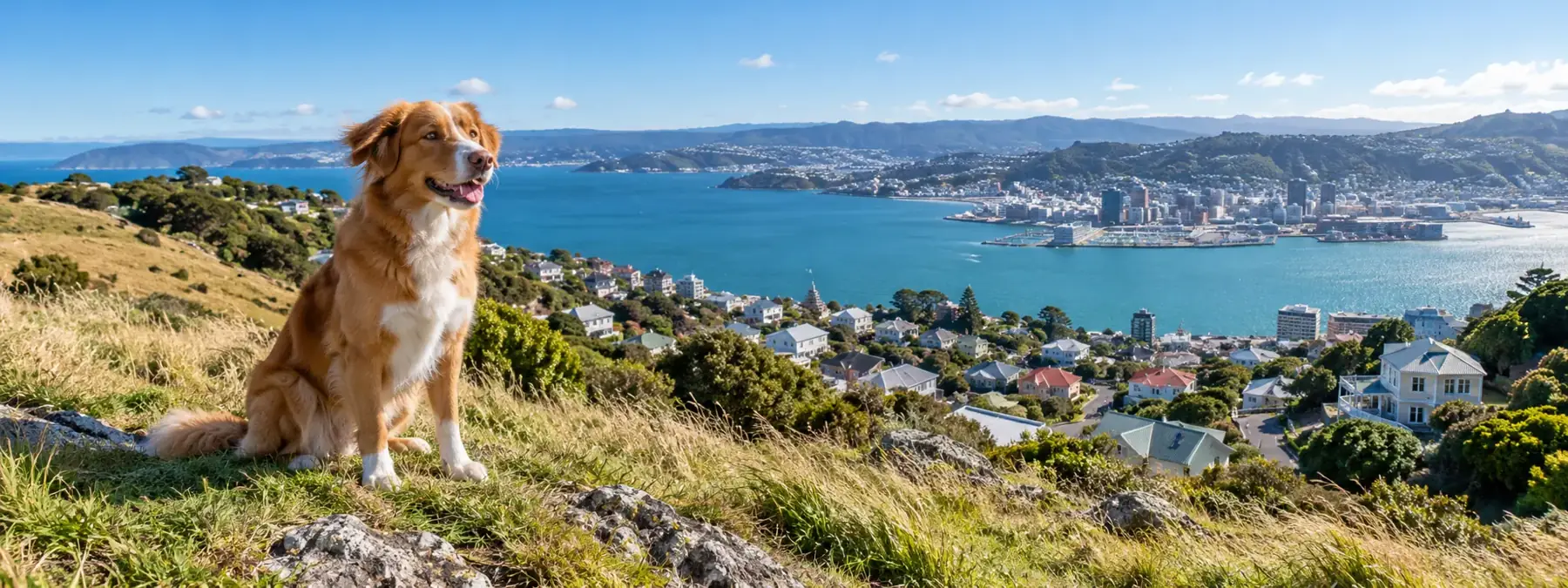 A dog sitting on a hilltop above Wellington harbour