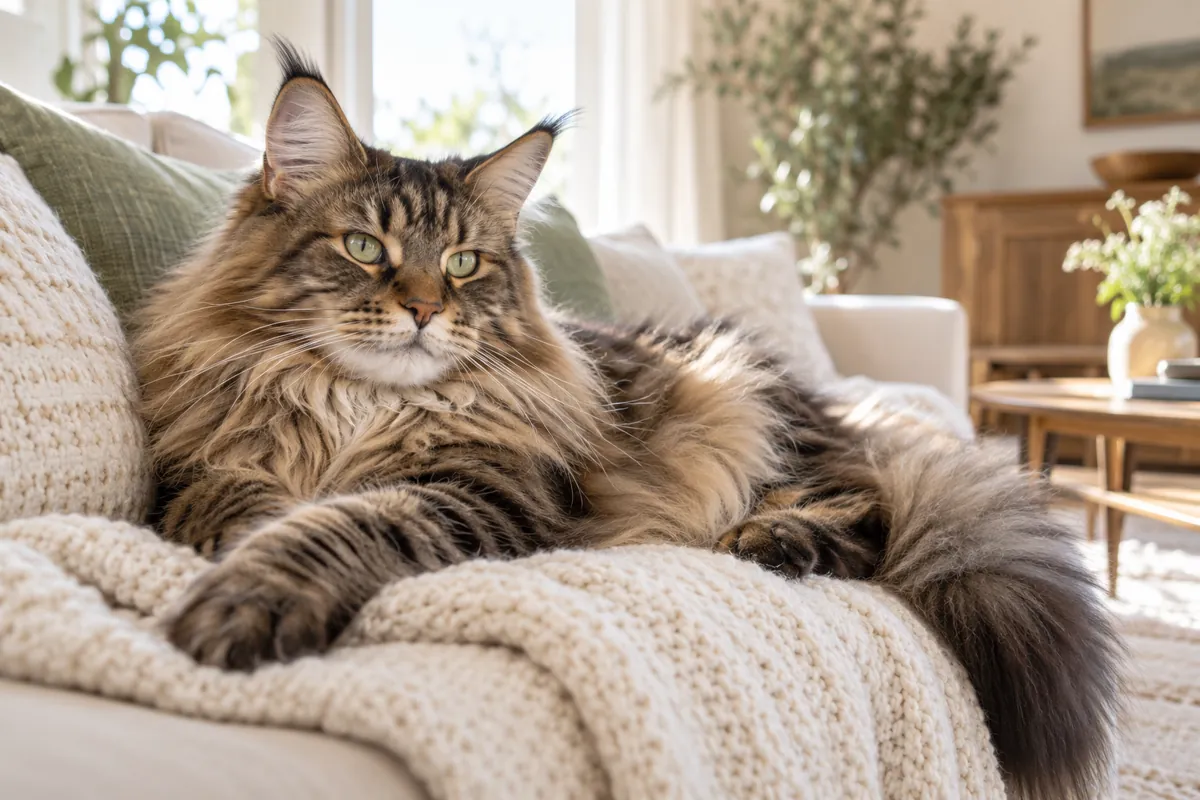 A fluffy Maine Coon cat lounging on a cream knit throw