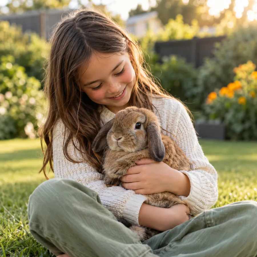 A girl cuddling a mini lop rabbit