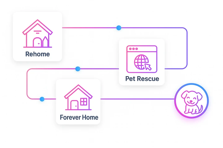 How pet rehoming works in New Zealand — Old Home → Pet Rescue NZ → Meet & Greet → New Home