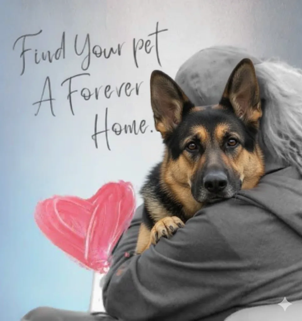 Pet Rescue NZ rehoming hero: German Shepherd hugged, heart graphic, ‘Find your pet a forever home’