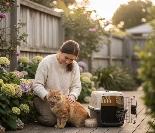 A beautiful cat being gently pet by a human hand, symbolizing safe rehoming in New Zealand.