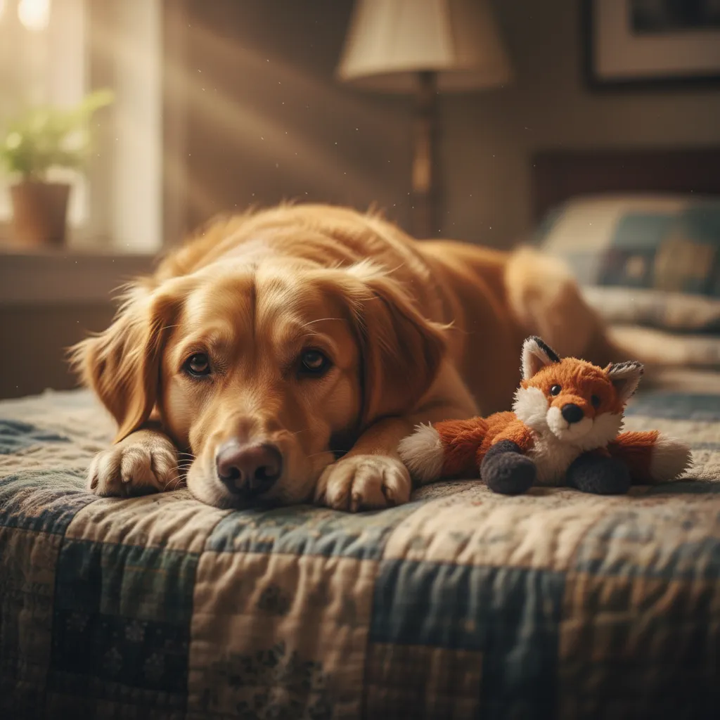 Dog with comfort blanket preparing for rehoming