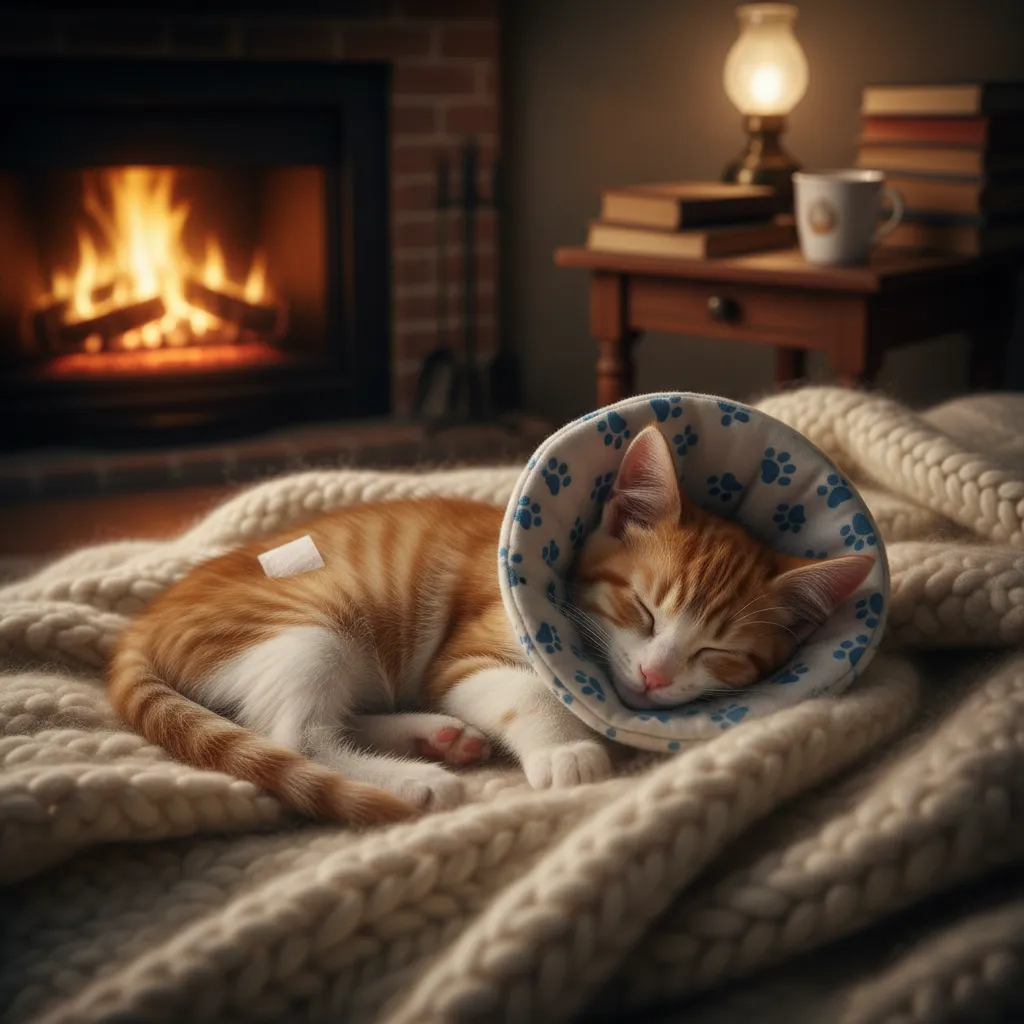 Kitten recovering from desexing surgery with e-collar