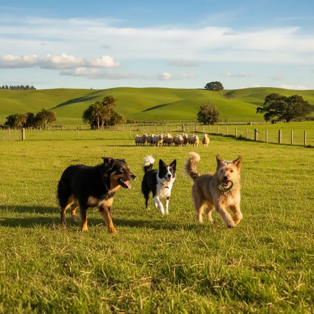 Rescue dogs playing in a New Zealand paddock