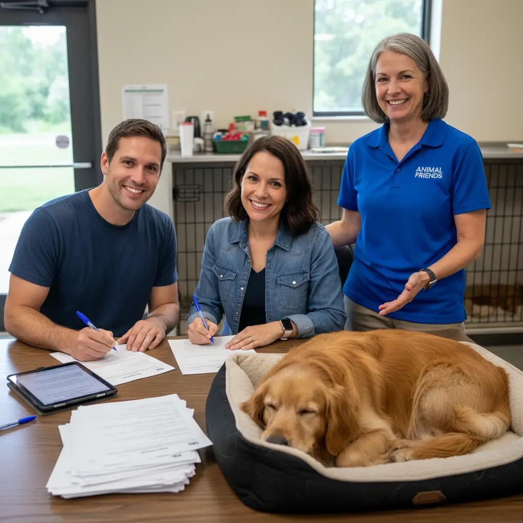 Signing dog adoption papers in Christchurch