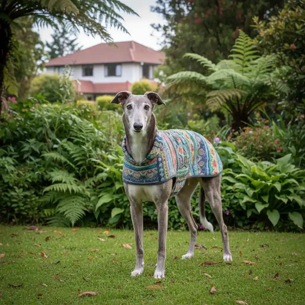 A retired greyhound standing in a garden in New Zealand