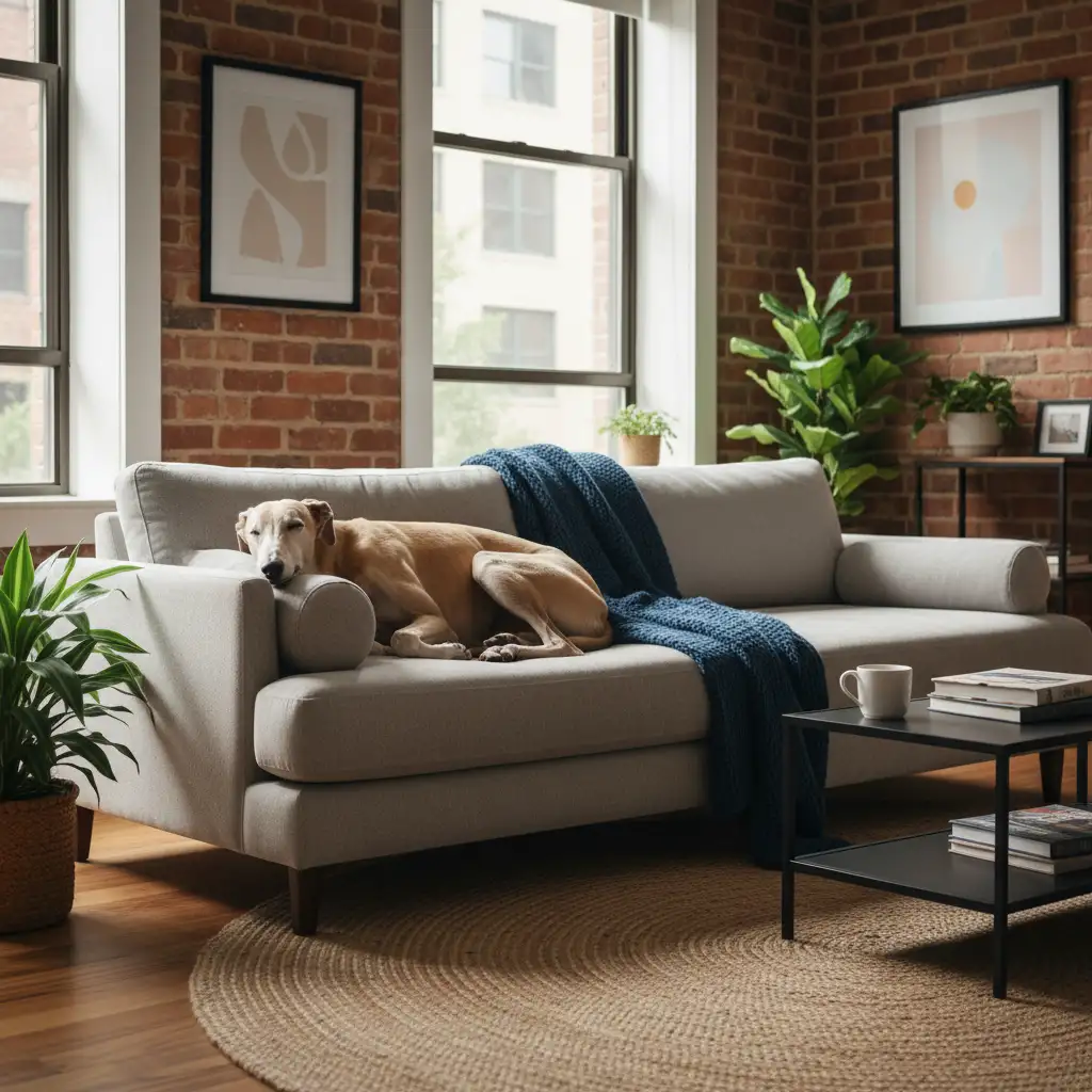 Greyhound sleeping on a sofa in an apartment