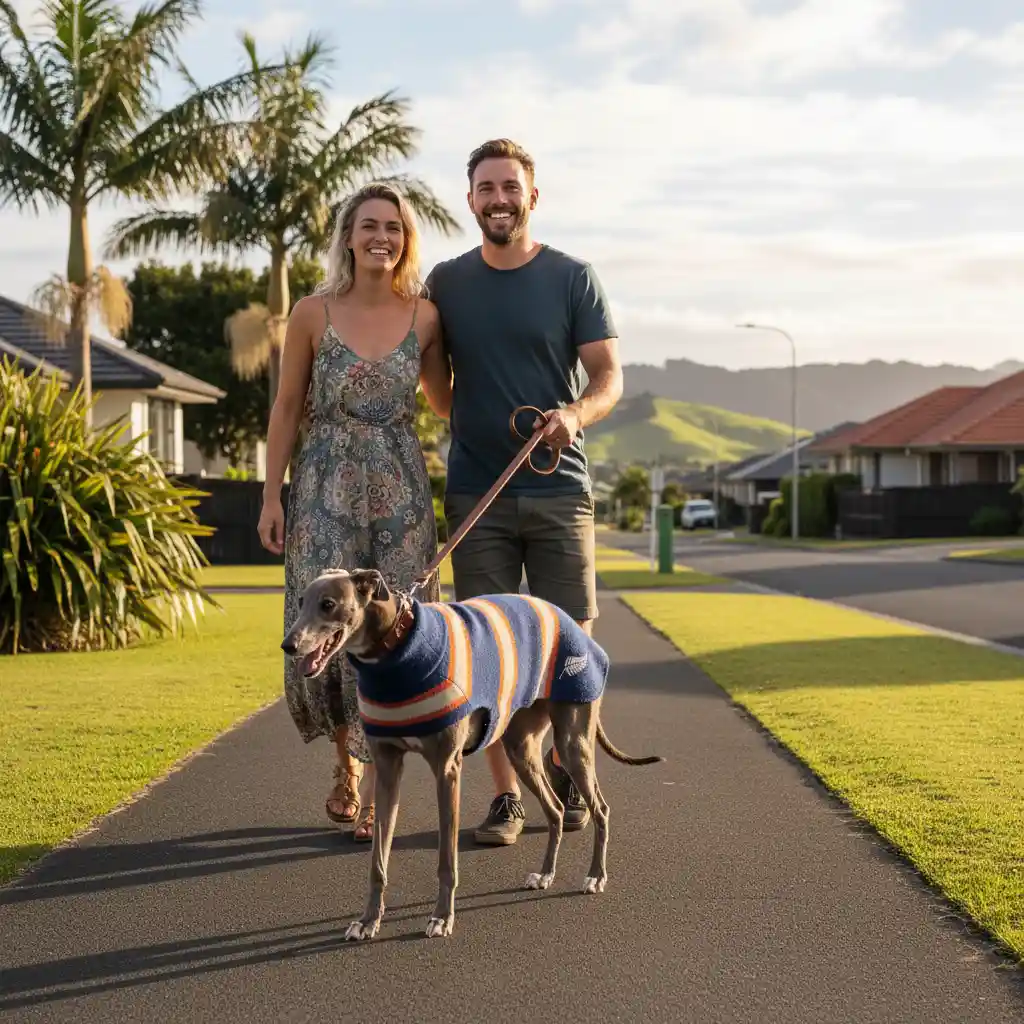 Couple walking adopted greyhound in NZ suburb