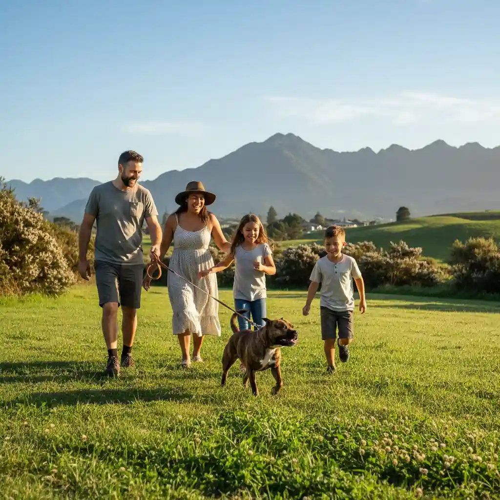 Family walking their adopted Staffy in a NZ park
