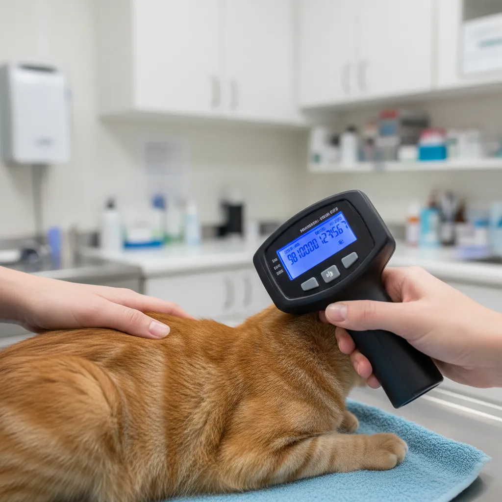 Scanning a cat for a microchip during a rehoming check