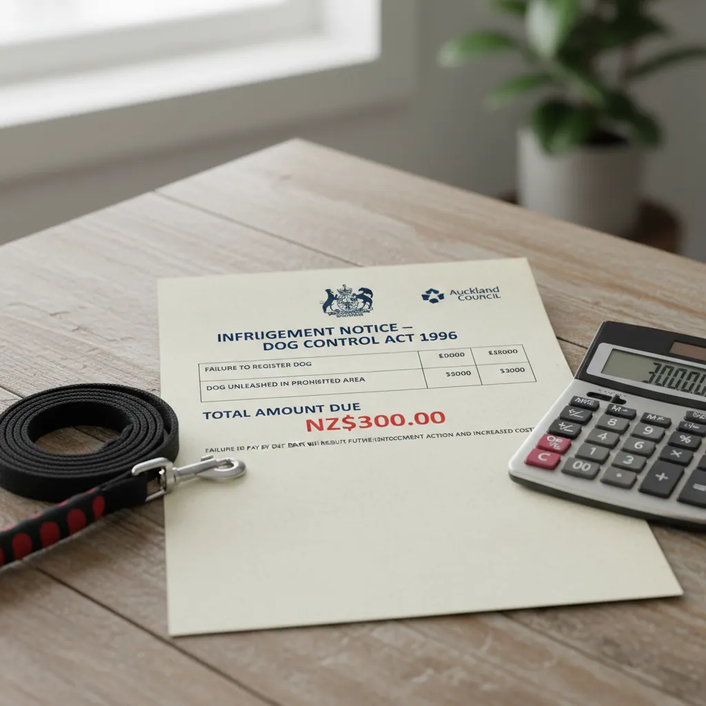 A council infringement notice for unregistered dog next to a calculator