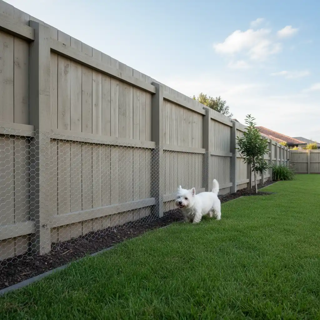 Secure fencing modification for small dog safety in a garden
