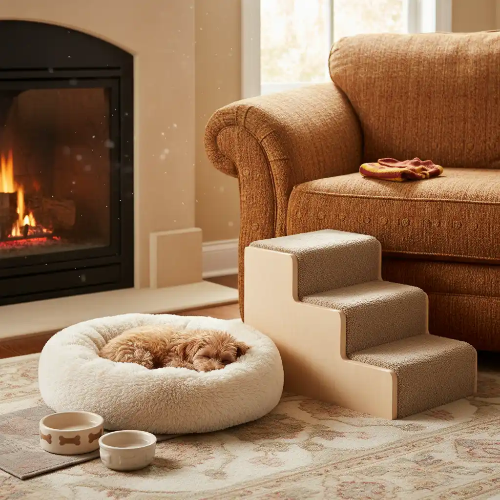 Home preparation essentials for a small rescue dog including stairs and warm bedding