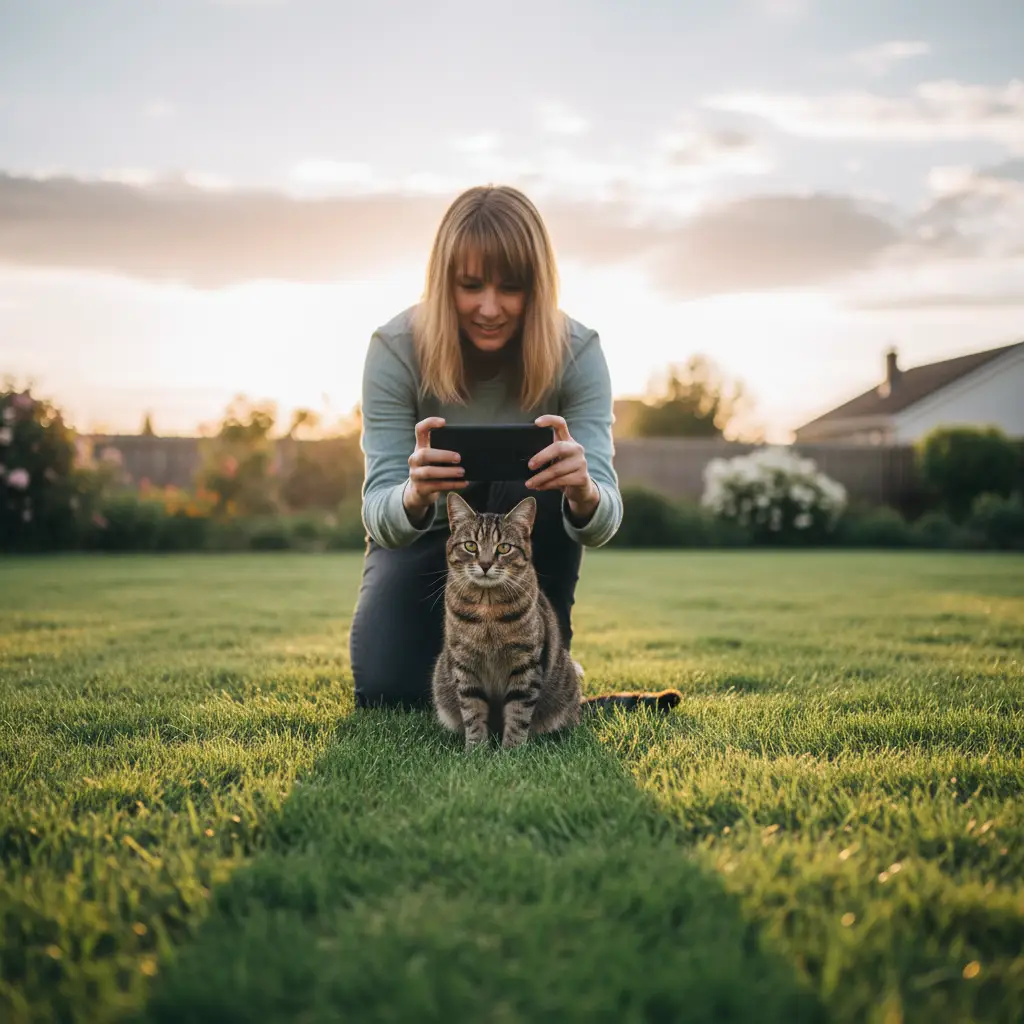 Demonstrating the correct angle for pet photography by crouching to the animal's eye level.