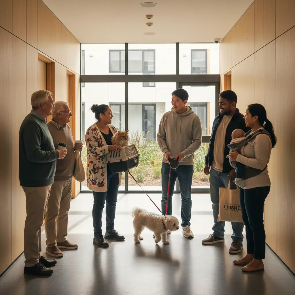 Neighbors in apartment hallway with pets