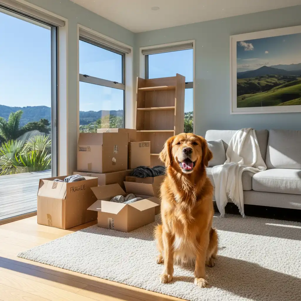 Pet dog in a new New Zealand home