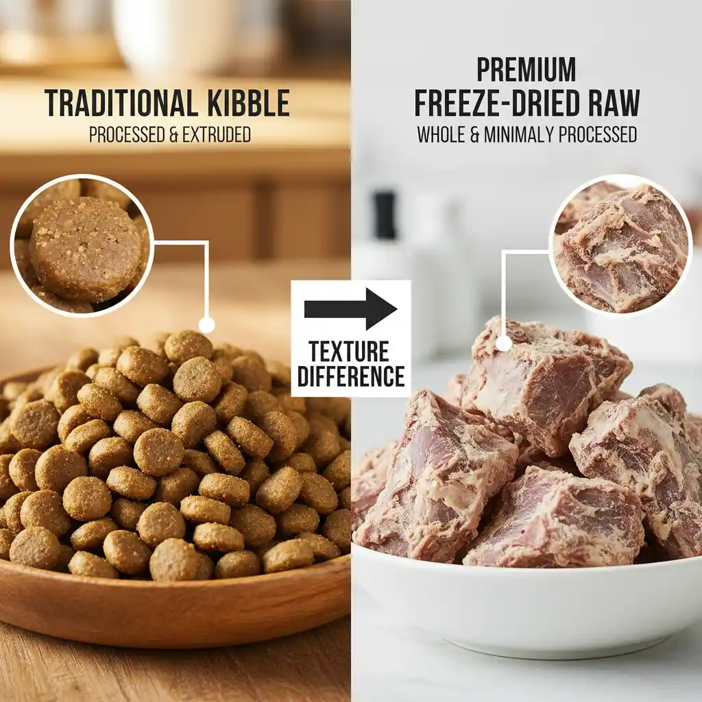 Comparison of traditional kibble versus freeze-dried raw dog food