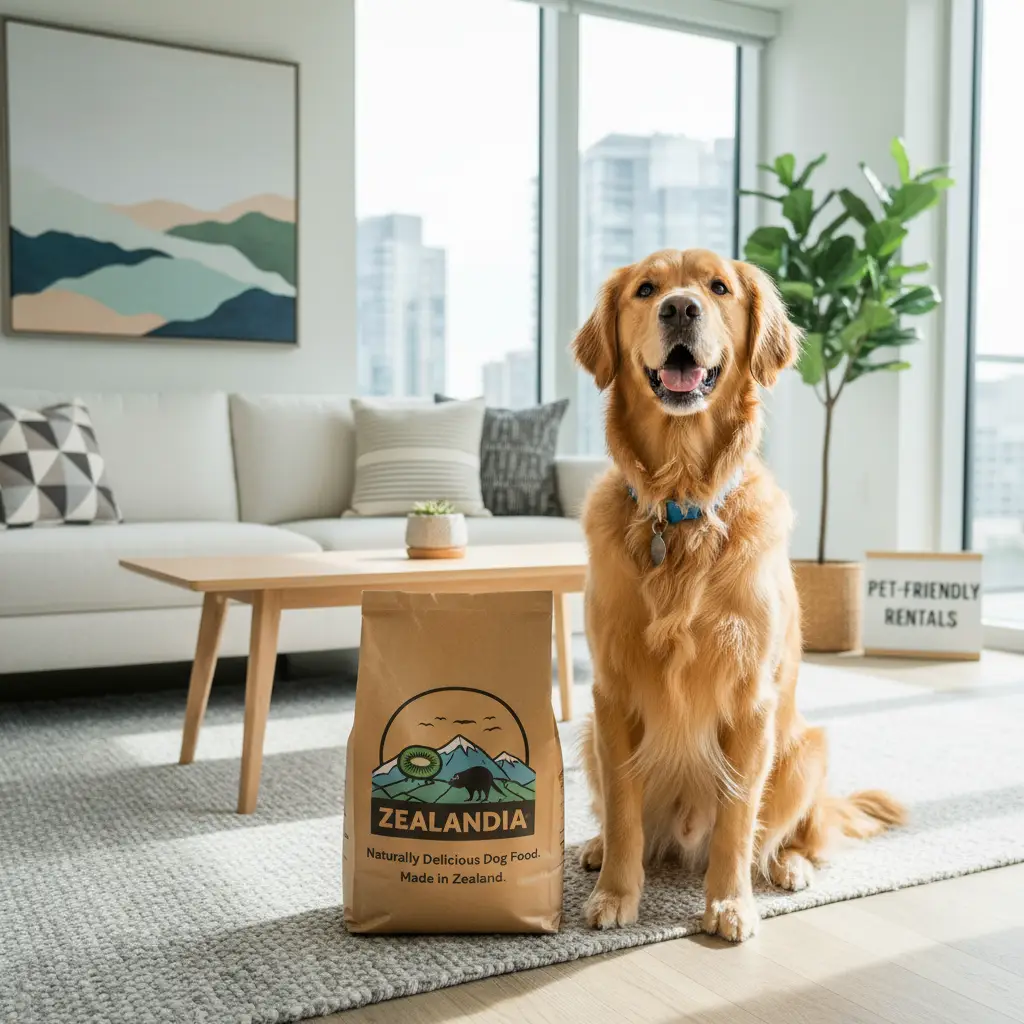 Happy dog in a clean rental apartment with premium food