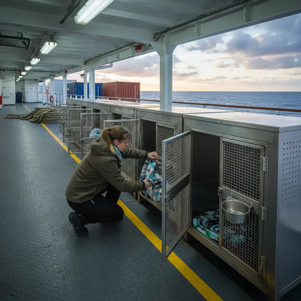 Designated pet kennels on the Interislander ferry vehicle deck
