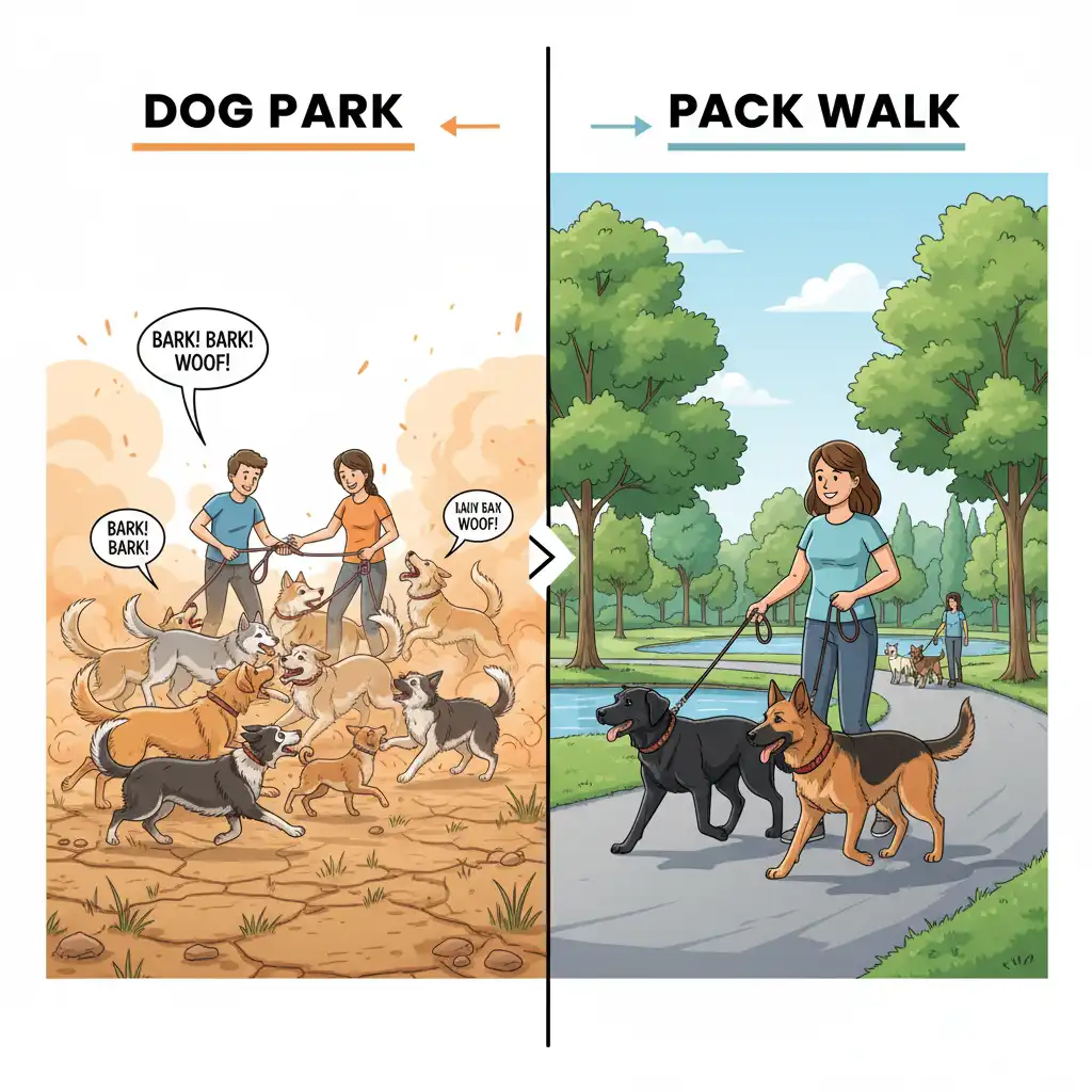 Comparison of dog park chaos versus controlled parallel walking