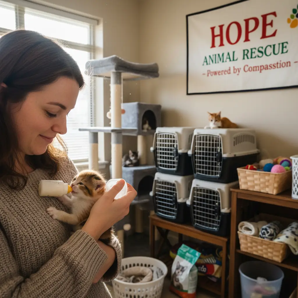 Volunteer feeding a rescue kitten