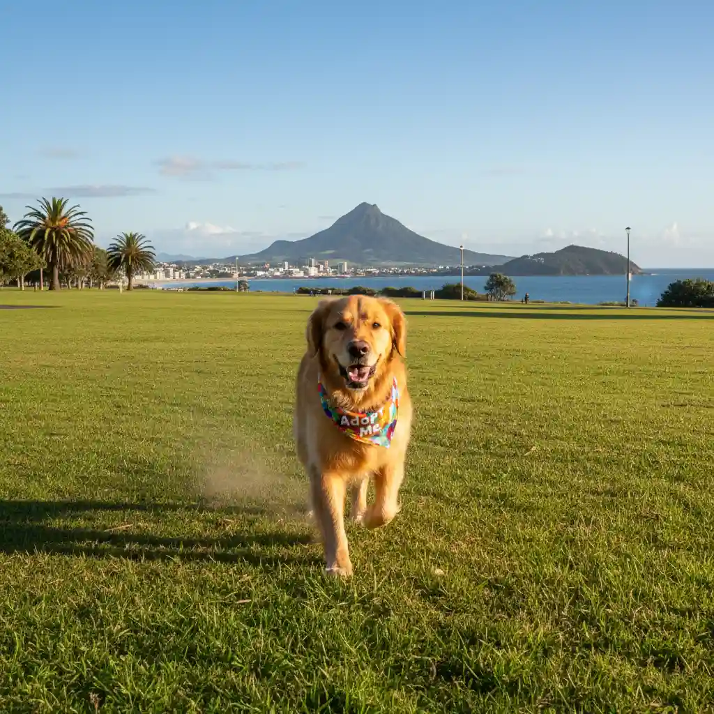 Rescue dog with Adopt Me bandana in Tauranga