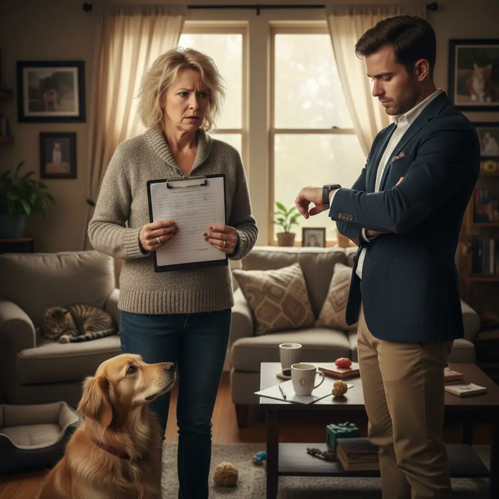 Pet owner screening an impatient potential adopter