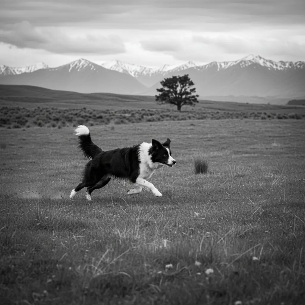 Rural rescue dog running in a field