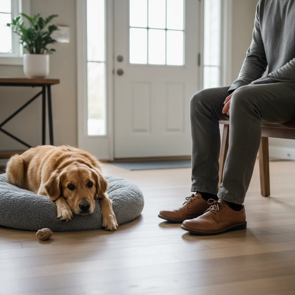 Owner desensitizing dog to departure cues