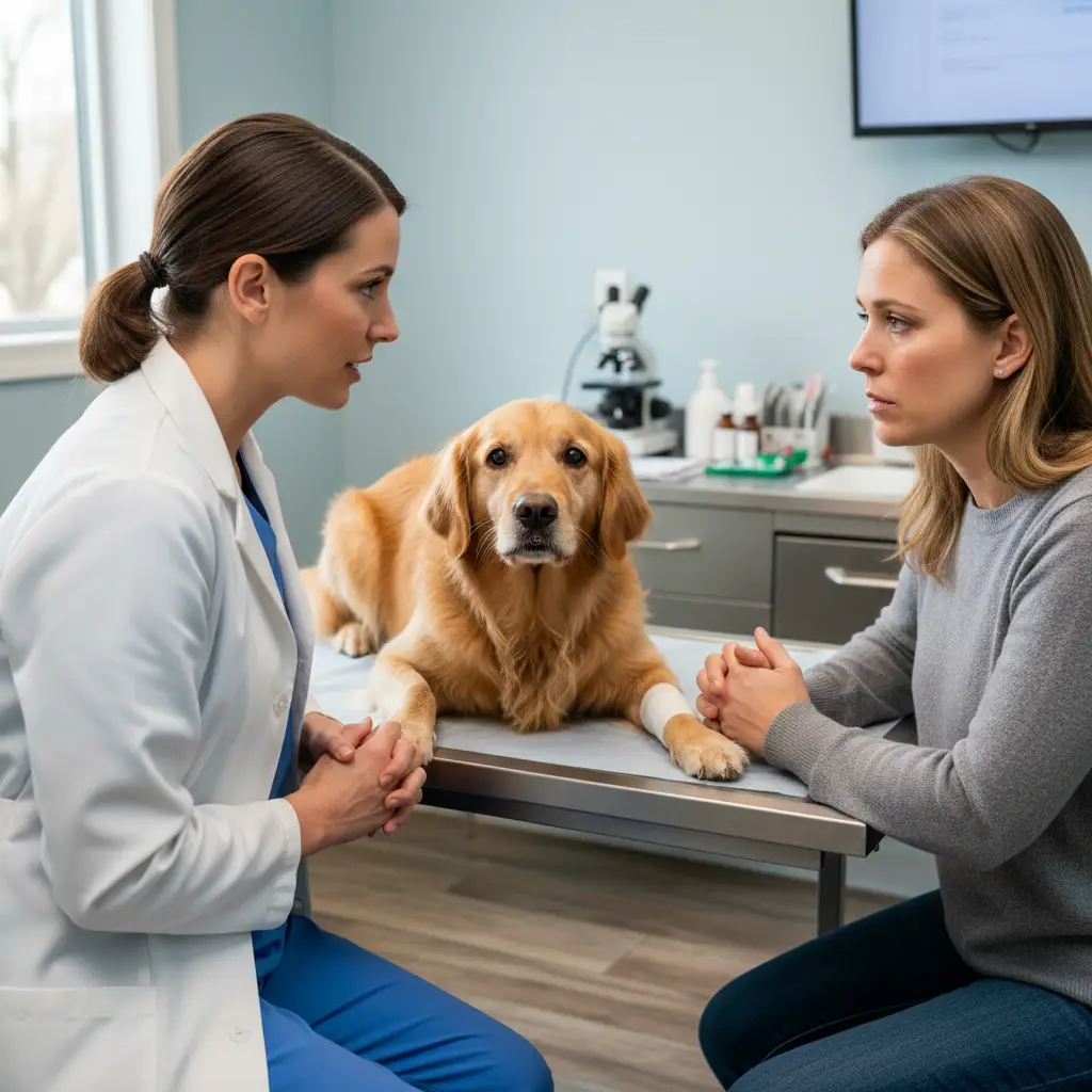 Veterinarian consulting with dog owner