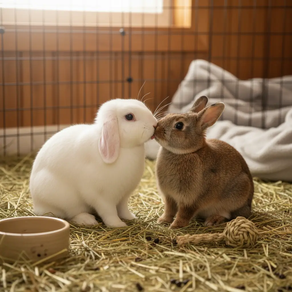 A bonded pair of rabbits grooming each other