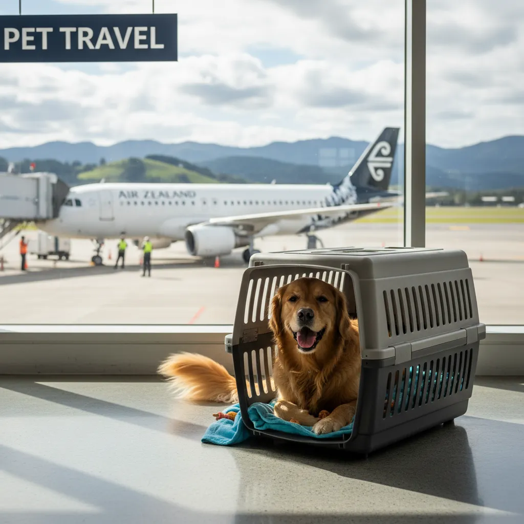 Dog in travel crate preparing for domestic flight in New Zealand