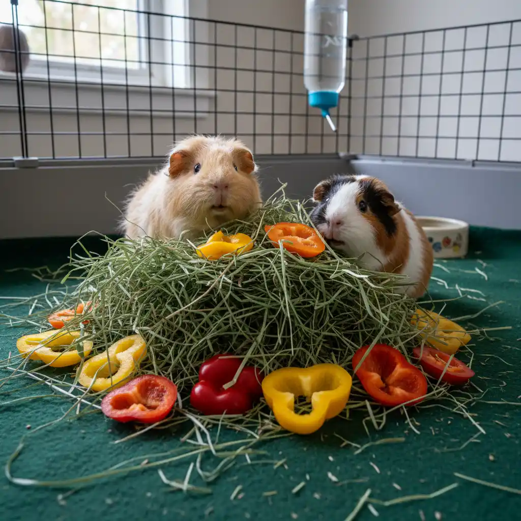 Guinea pigs eating hay and vegetables in a spacious cage