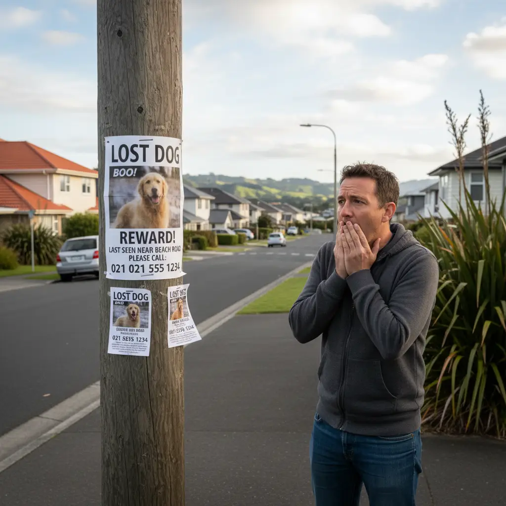 Lost dog poster on a telephone pole in New Zealand