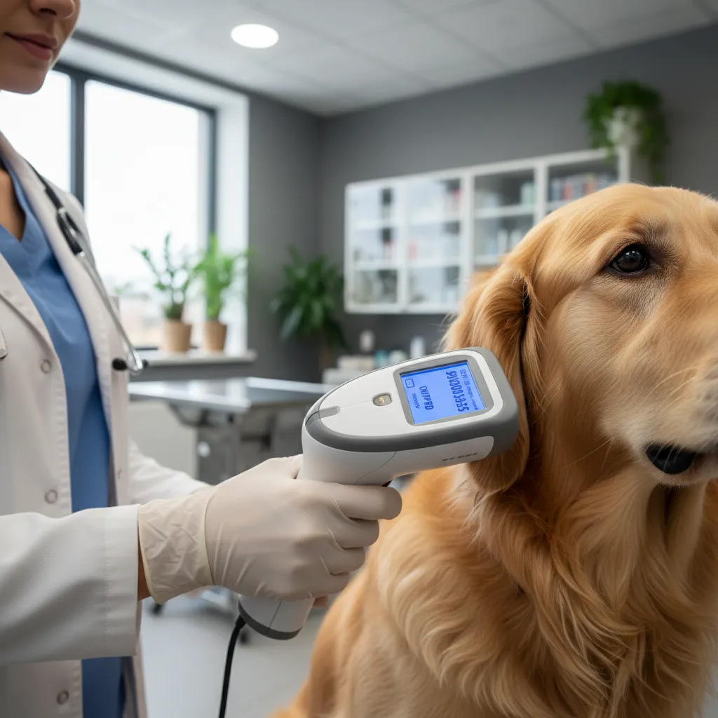 Vet scanning a lost dog for a microchip
