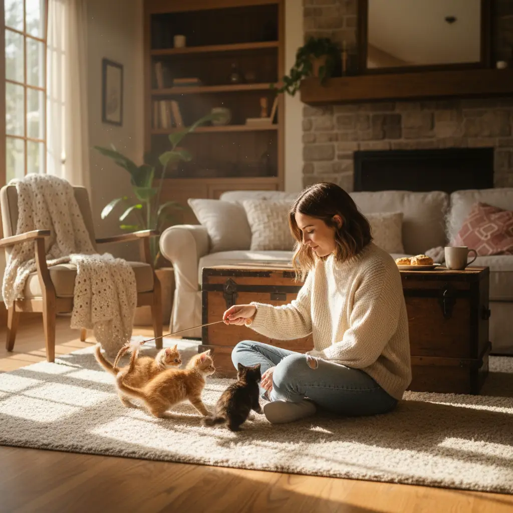 PAWS volunteer socializing rescue kittens in a foster home