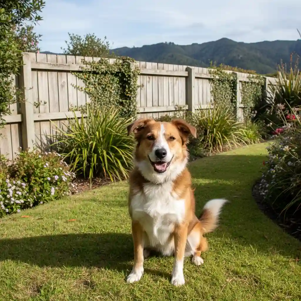 Happy rescue dog in a secure NZ backyard