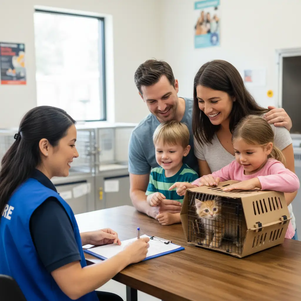 Family adopting a rescue kitten
