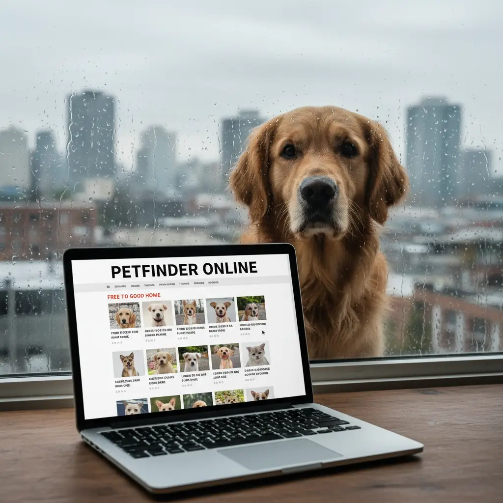 Dog looking out window with laptop showing online classifieds