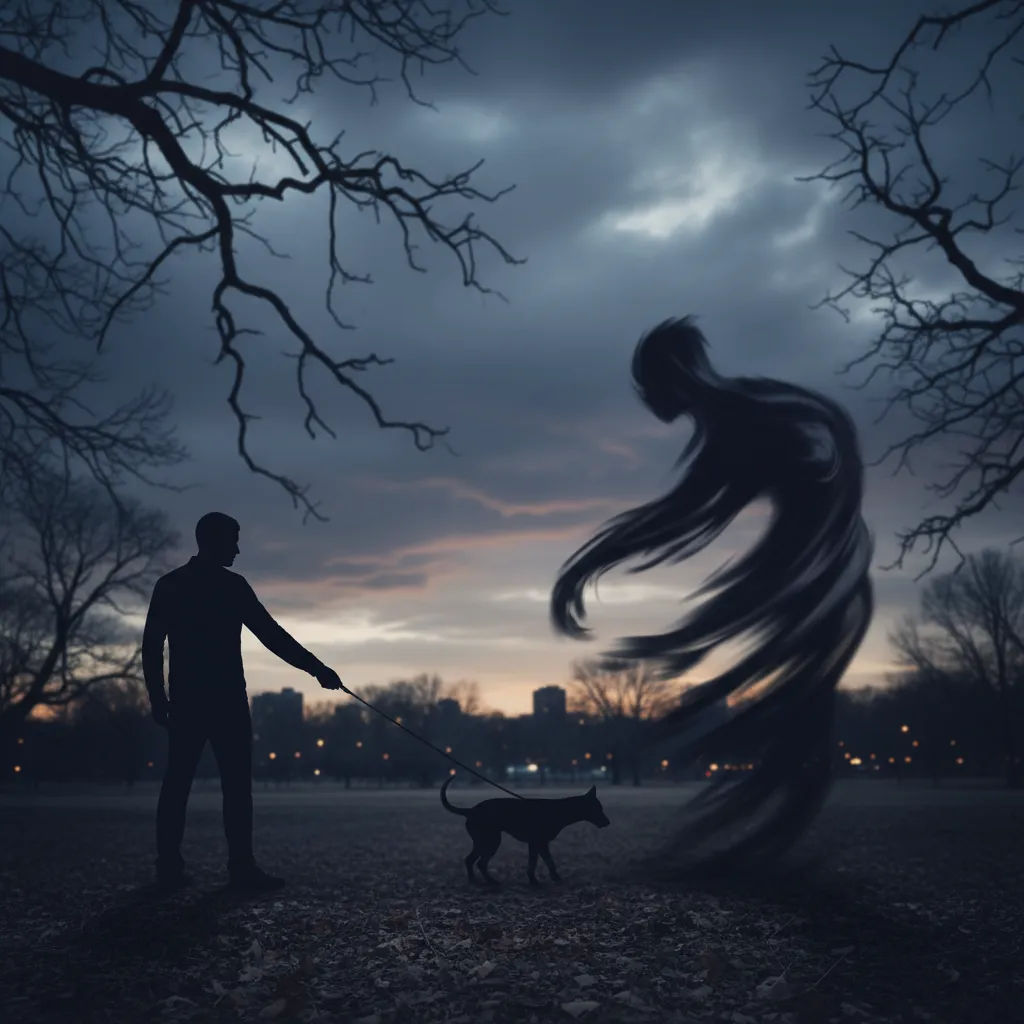 Silhouette of handing dog leash to a stranger
