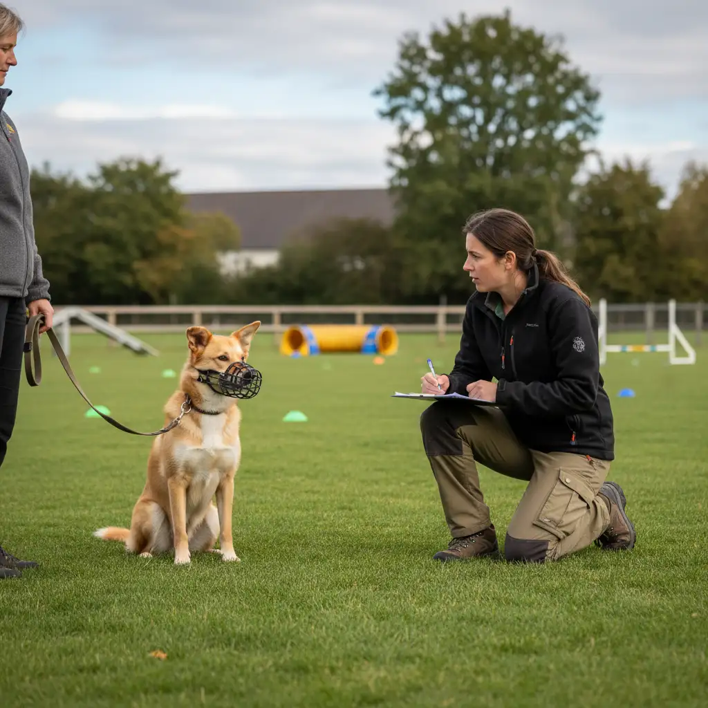 Dog behaviorist assessing a muzzled dog for aggression levels