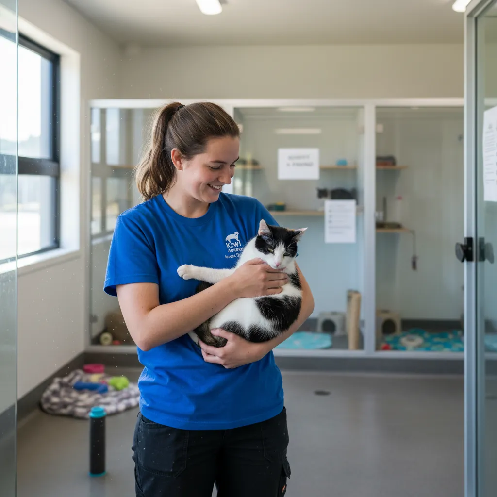 Shelter volunteer comforting a cat during the intake process