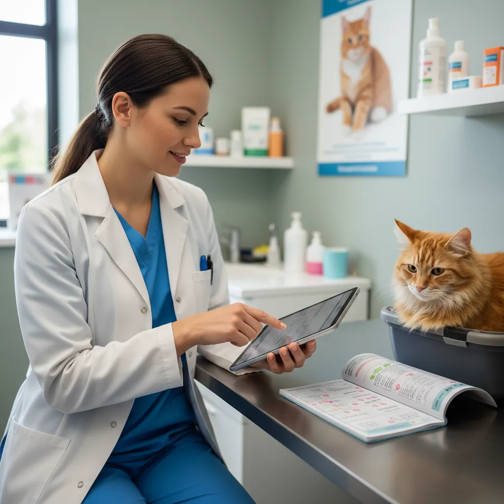 Veterinarian checking cat medical records
