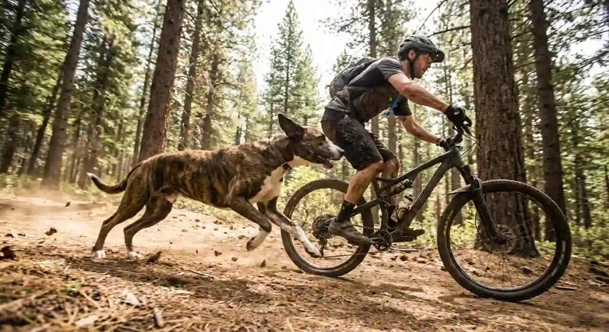 Huntaway dog exercising with a mountain biker