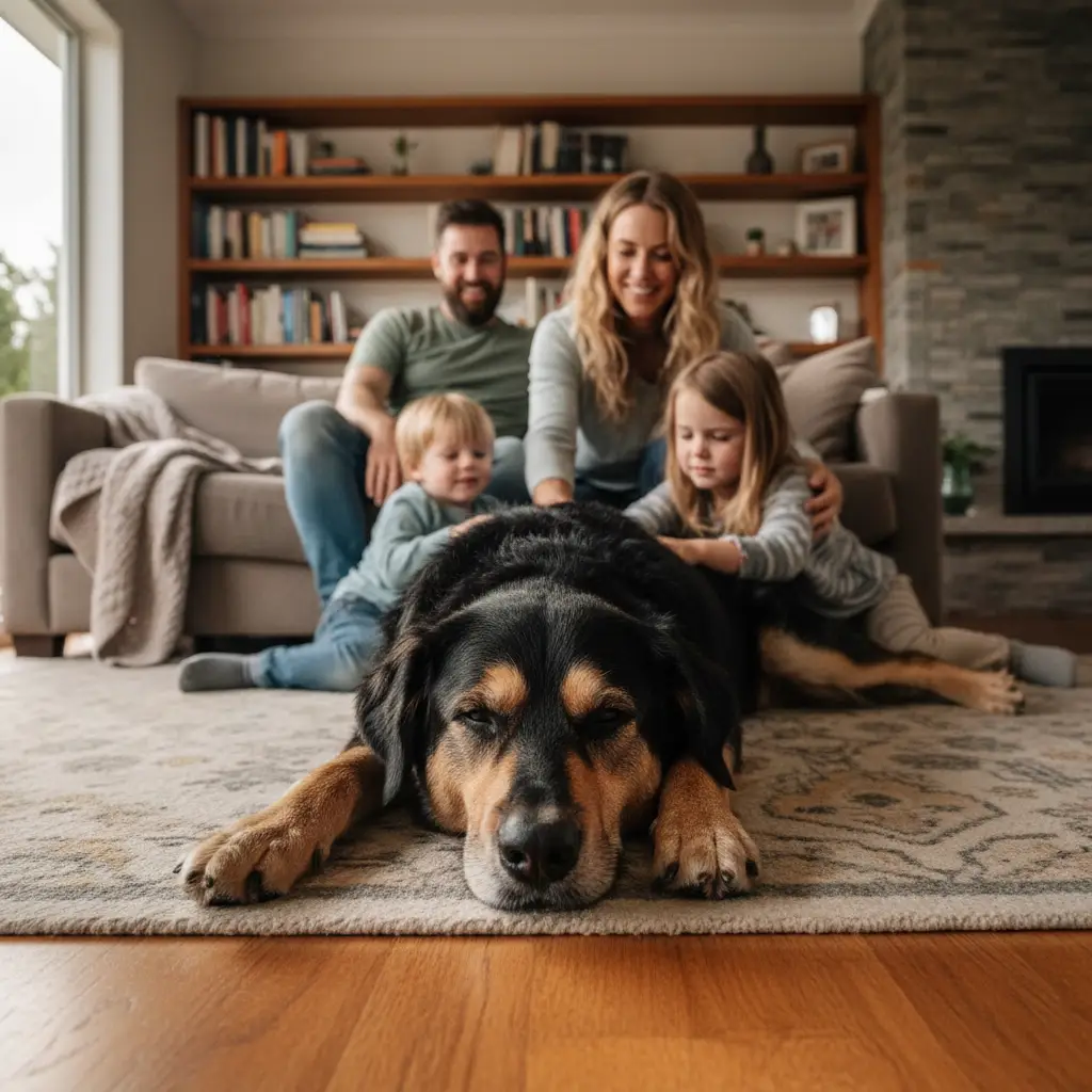 Huntaway dog relaxing with family indoors