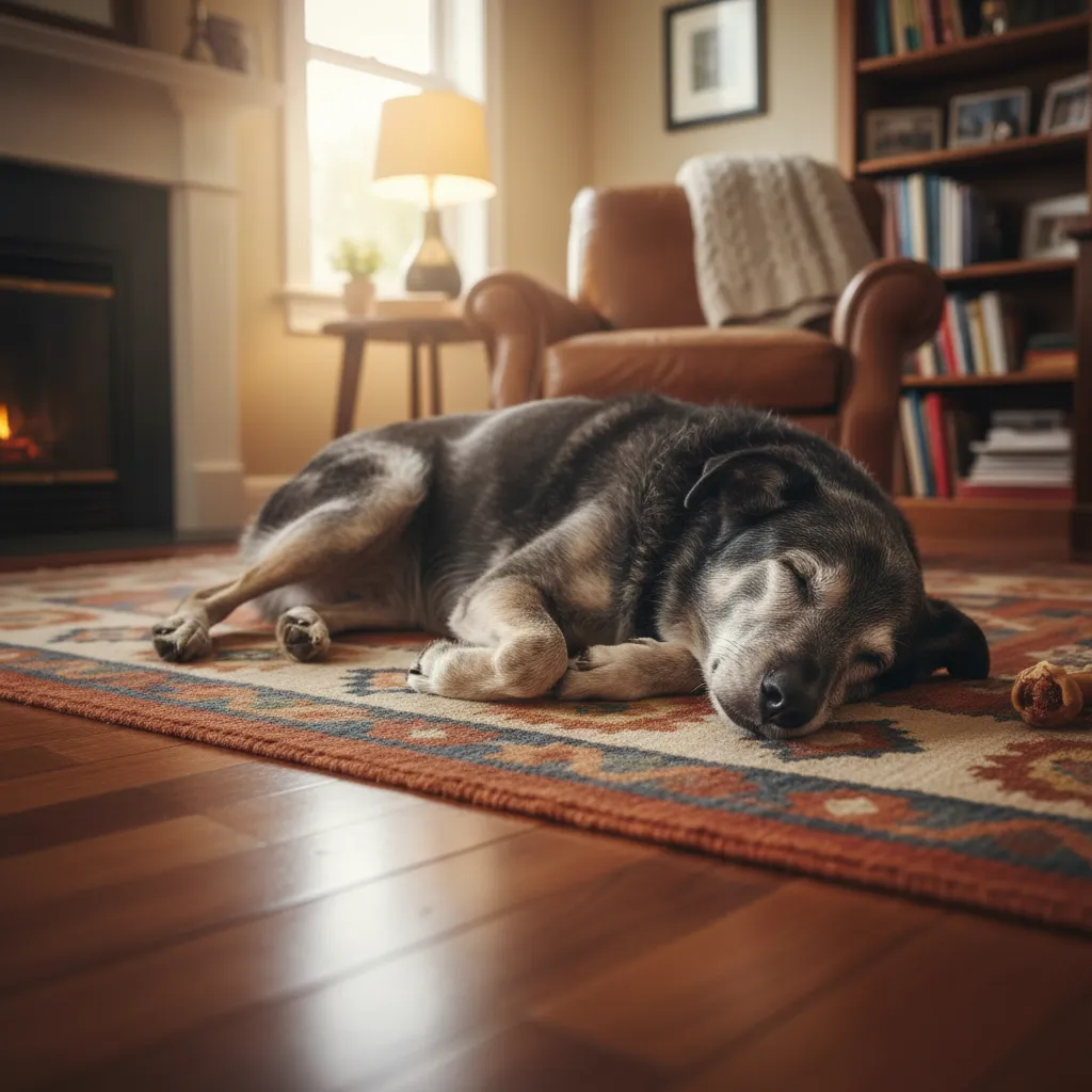 Retired Heading Dog resting in a home environment