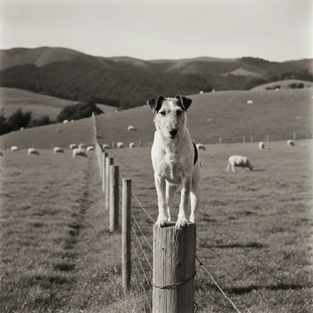 Vintage style photo of a Fox Terrier on a NZ farm