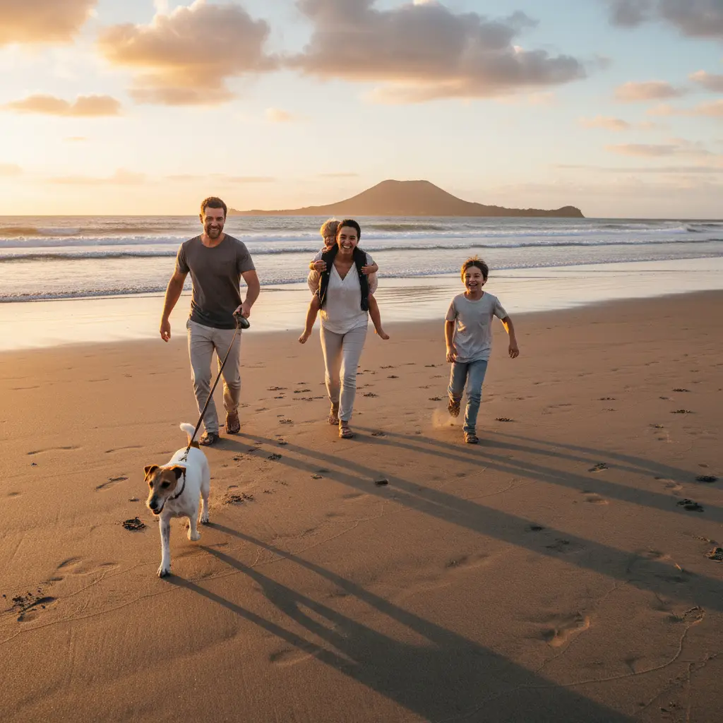Family walking a Fox Terrier on a NZ beach